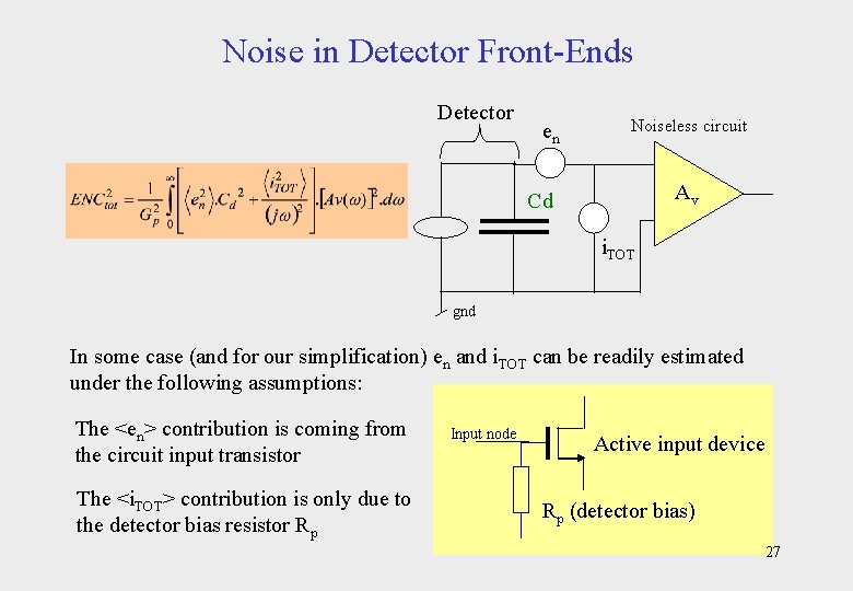 Noise in Detector Front-Ends Detector en Noiseless circuit Av Cd i. TOT gnd In