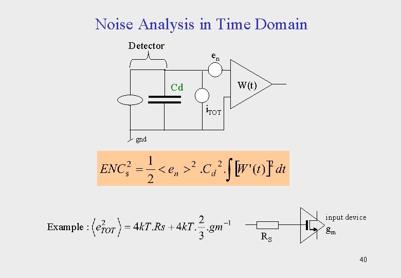 Noise Analysis in Time Domain Detector en W(t) Cd i. TOT gnd Example :
