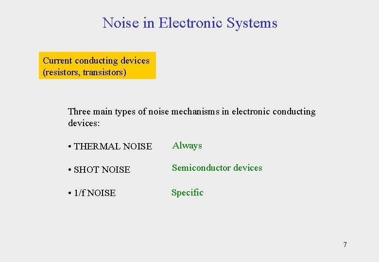 Noise in Electronic Systems Current conducting devices (resistors, transistors) Three main types of noise