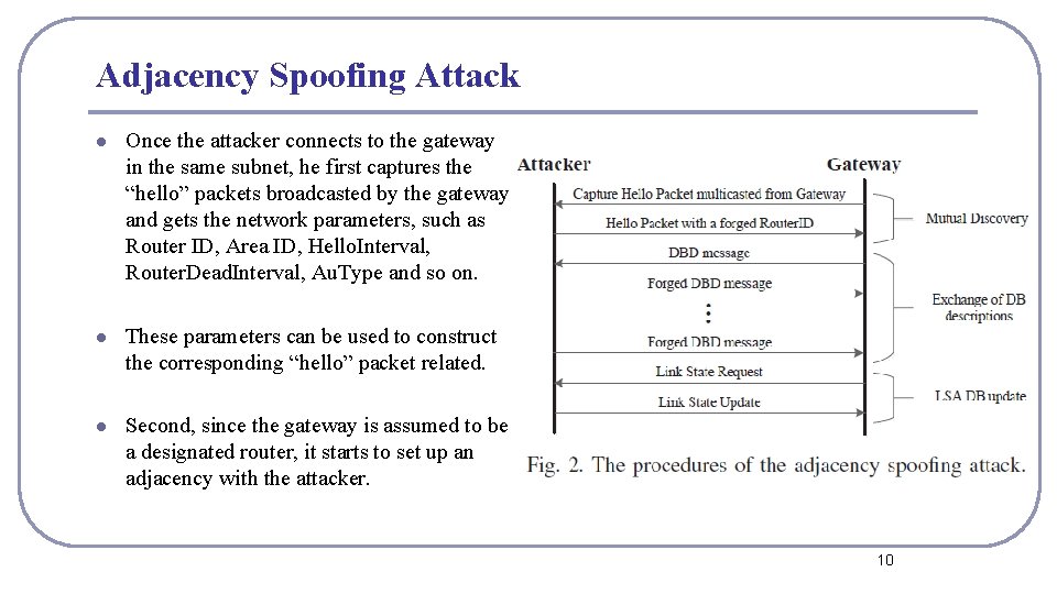 Adjacency Spoofing Attack l Once the attacker connects to the gateway in the same Adjacency Spoofing Attack l Once the attacker connects to the gateway in the same