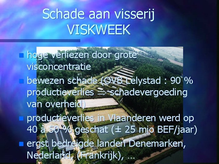 Schade aan visserij VISKWEEK hoge verliezen door grote visconcentratie n bewezen schade (OVB Lelystad