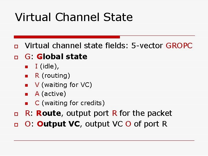 Virtual Channel State o o Virtual channel state fields: 5 -vector GROPC G: Global