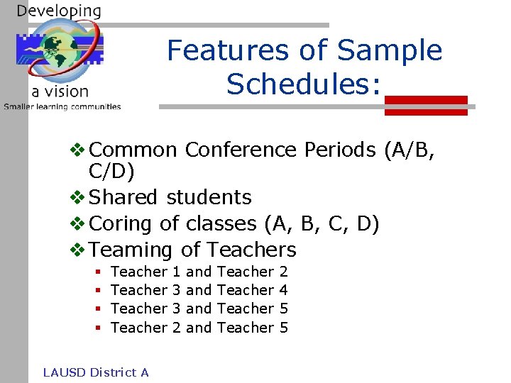 Features of Sample Schedules: v Common Conference Periods (A/B, C/D) v Shared students v