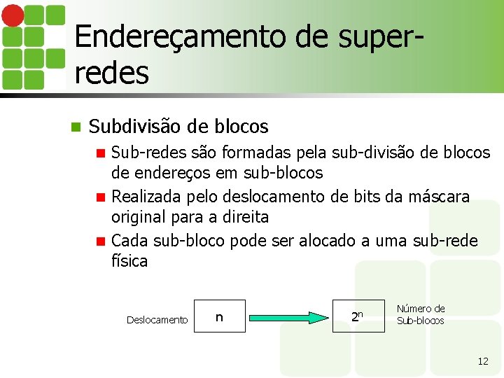 Endereçamento de superredes n Subdivisão de blocos Sub-redes são formadas pela sub-divisão de blocos