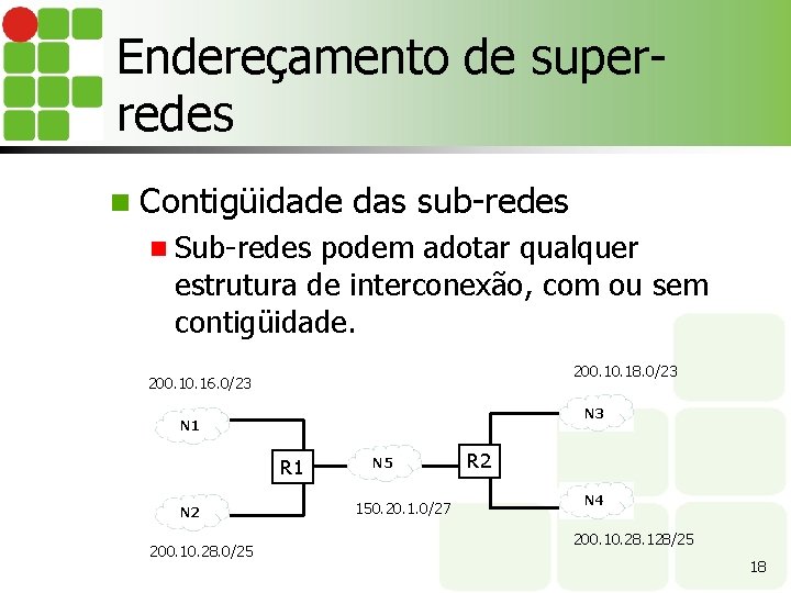 Endereçamento de superredes n Contigüidade das sub-redes n Sub-redes podem adotar qualquer estrutura de