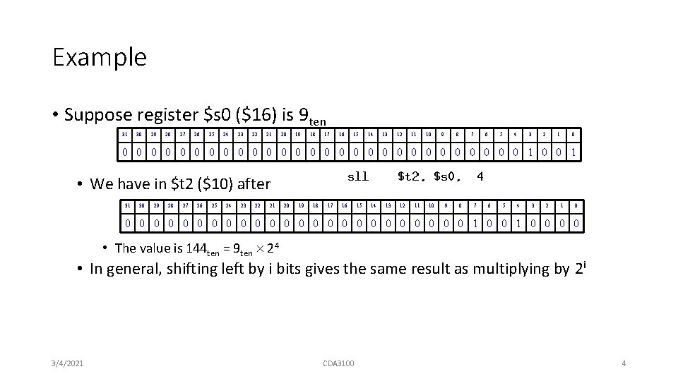 Example • Suppose register $s 0 ($16) is 9 ten 31 30 29 28