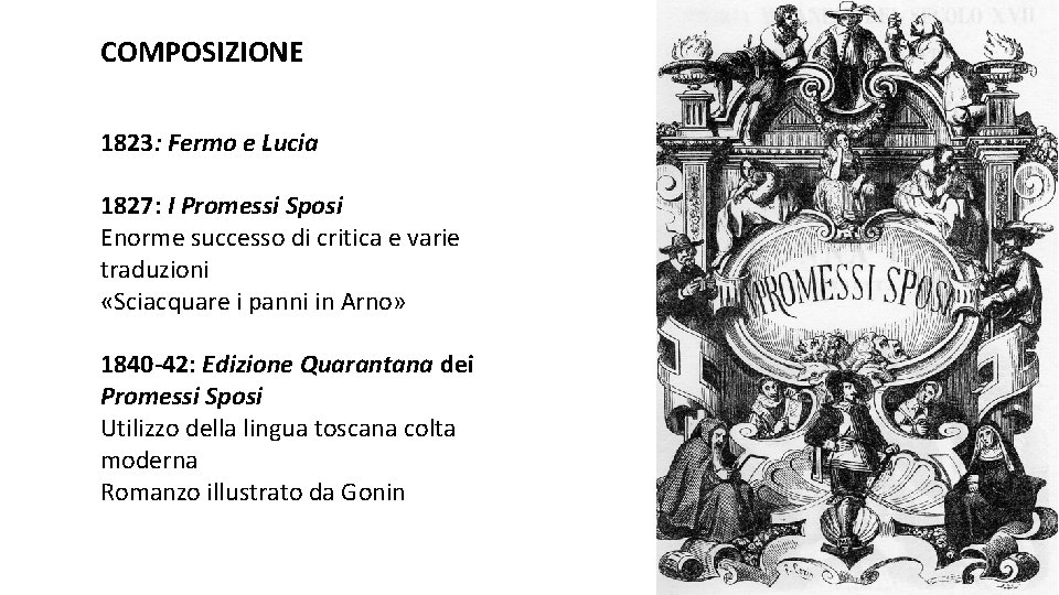 COMPOSIZIONE 1823: Fermo e Lucia 1827: I Promessi Sposi Enorme successo di critica e