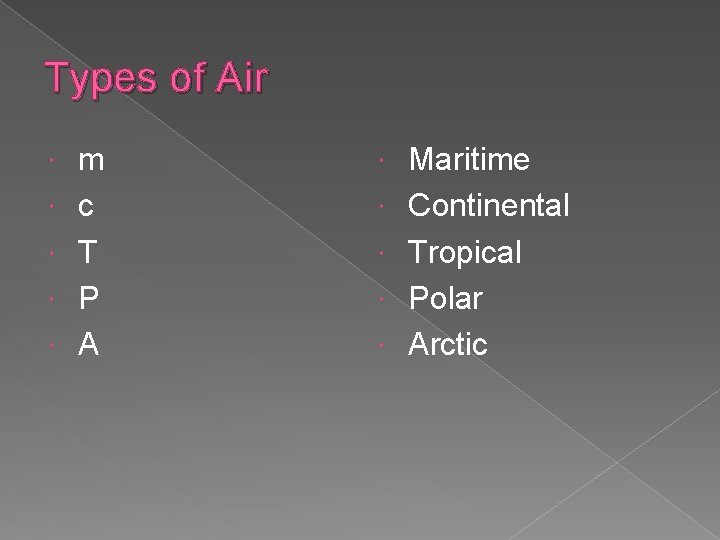 Types of Air m c T P A Maritime Continental Tropical Polar Arctic 