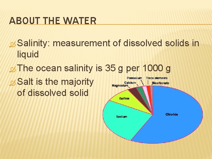 ABOUT THE WATER Salinity: measurement of dissolved solids in liquid The ocean salinity is