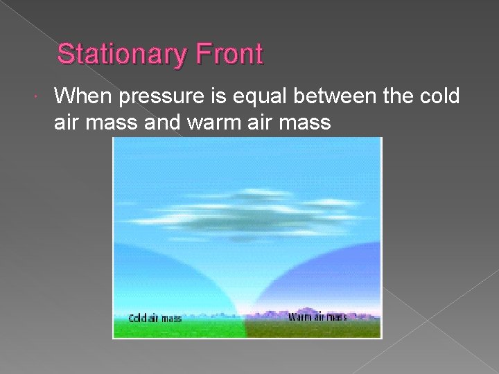 Stationary Front When pressure is equal between the cold air mass and warm air