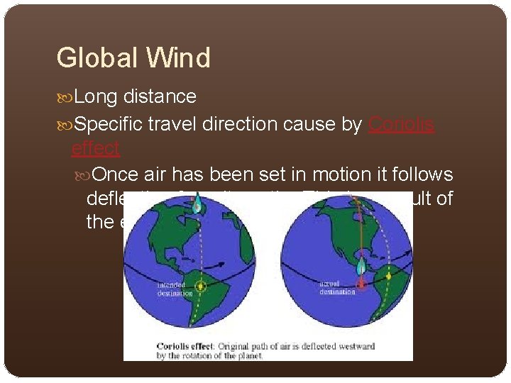 Global Wind Long distance Specific travel direction cause by Coriolis effect Once air has