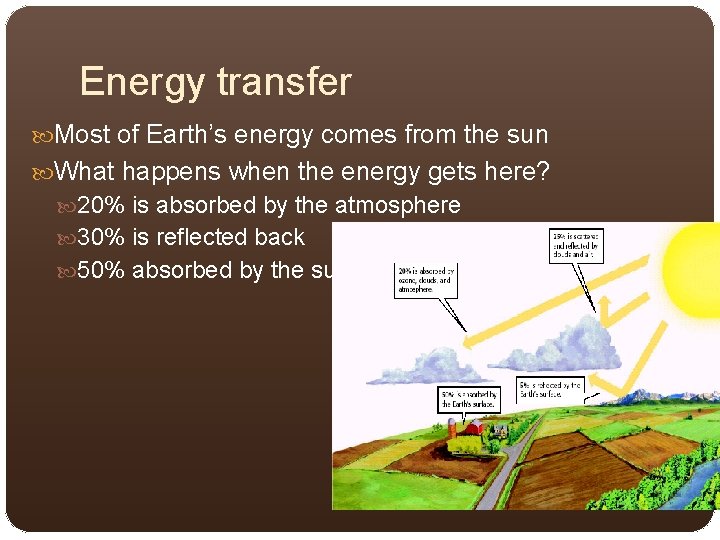 Energy transfer Most of Earth’s energy comes from the sun What happens when the