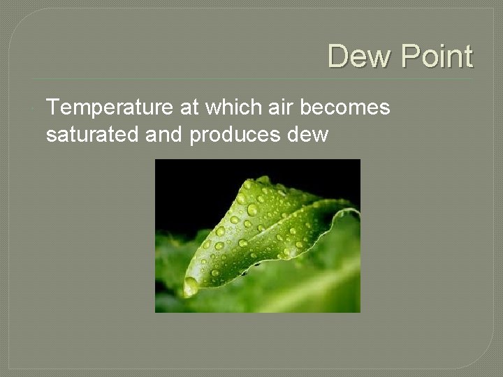 Dew Point Temperature at which air becomes saturated and produces dew 
