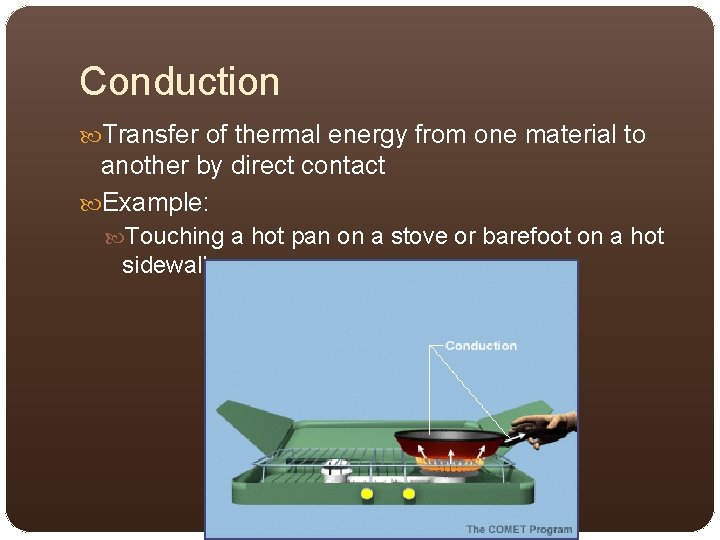 Conduction Transfer of thermal energy from one material to another by direct contact Example: