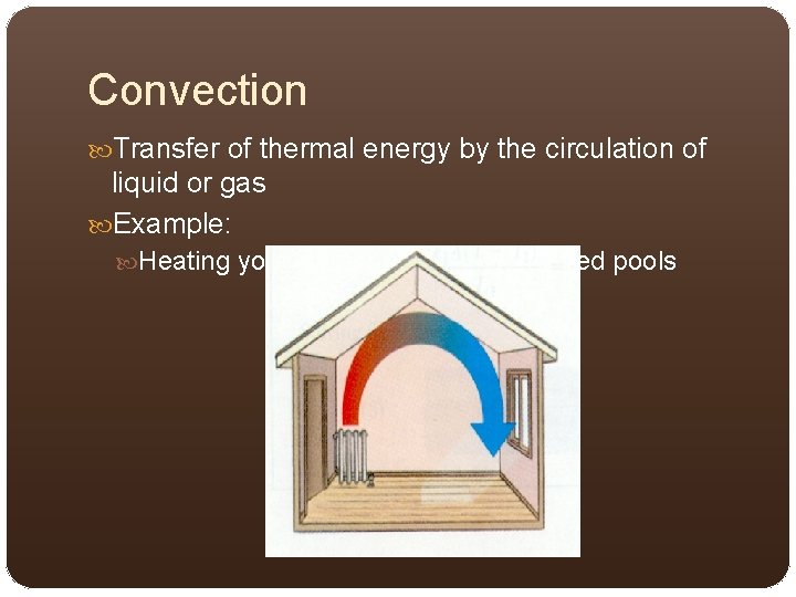 Convection Transfer of thermal energy by the circulation of liquid or gas Example: Heating