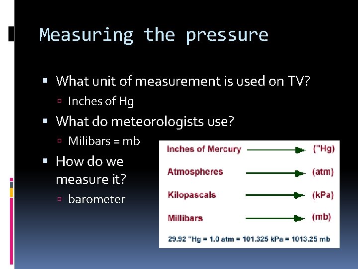 Measuring the pressure What unit of measurement is used on TV? Inches of Hg