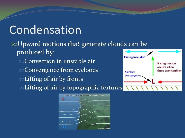 Condensation Upward motions that generate clouds can be produced by: Convection in unstable air