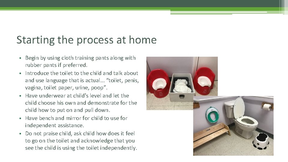 Starting the process at home • Begin by using cloth training pants along with Starting the process at home • Begin by using cloth training pants along with