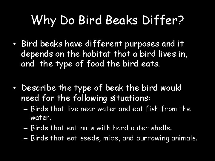 Why Do Bird Beaks Differ? • Bird beaks have different purposes and it depends