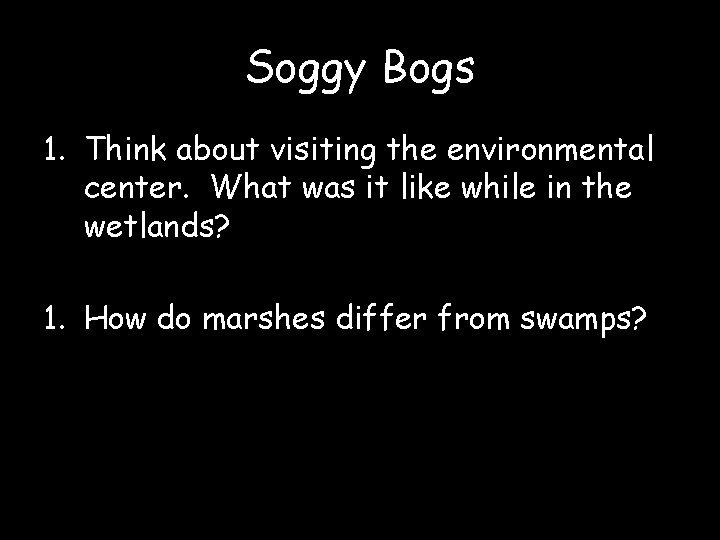 Soggy Bogs 1. Think about visiting the environmental center. What was it like while