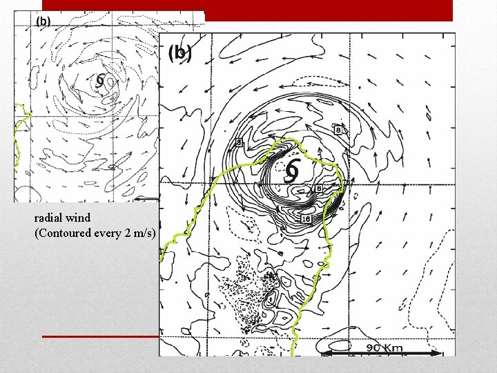 radial wind (Contoured every 2 m/s) radial wind (Contoured every 2 m/s)