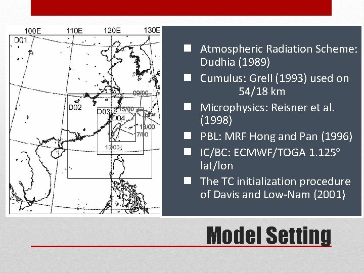 n Atmospheric Radiation Scheme: Dudhia (1989) n Cumulus: Grell (1993) used on 54/18 km n Atmospheric Radiation Scheme: Dudhia (1989) n Cumulus: Grell (1993) used on 54/18 km