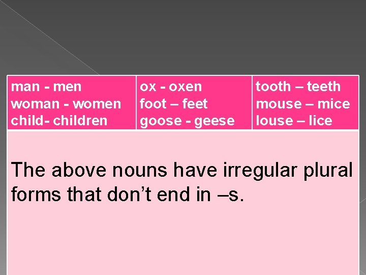man - men woman - women child- children ox - oxen foot – feet