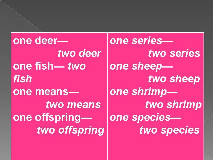 one deer— two deer one fish— two fish one means— two means one offspring—