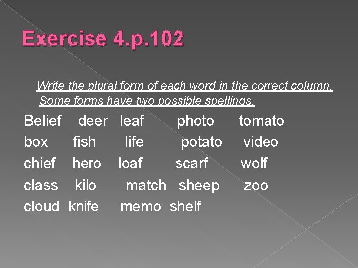 Exercise 4. p. 102 Write the plural form of each word in the correct