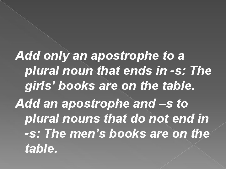 Add only an apostrophe to a plural noun that ends in -s: The girls’