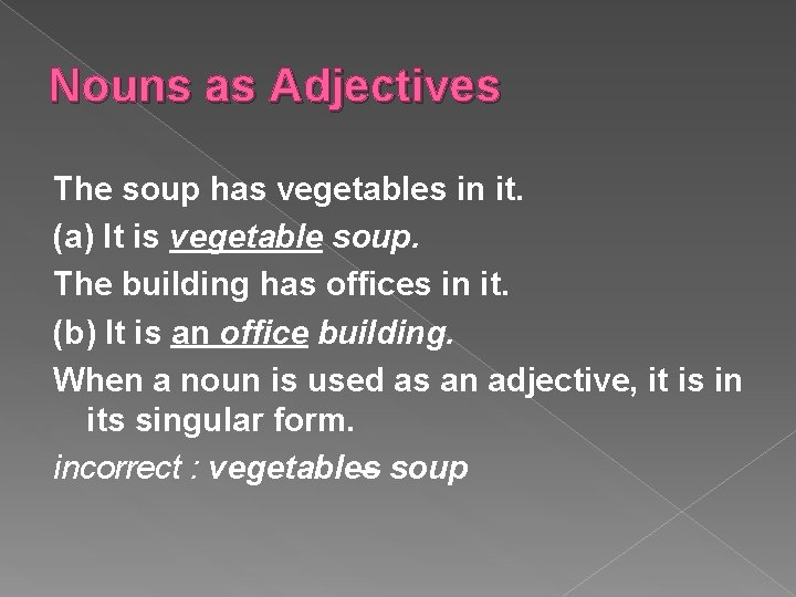 Nouns as Adjectives The soup has vegetables in it. (a) It is vegetable soup.