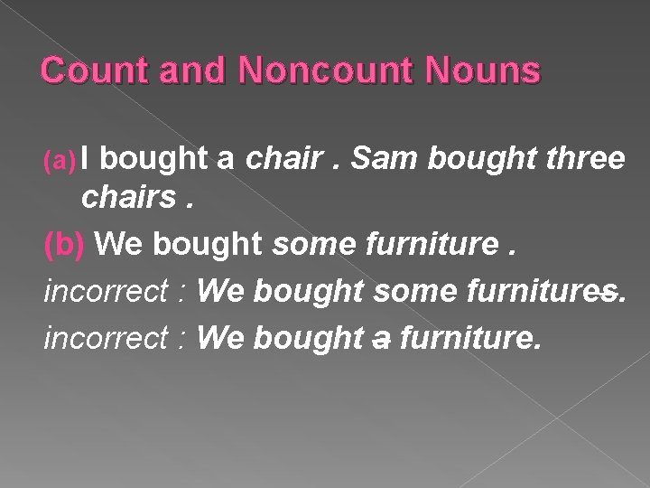 Count and Noncount Nouns (a) I bought a chair. Sam bought three chairs. (b)
