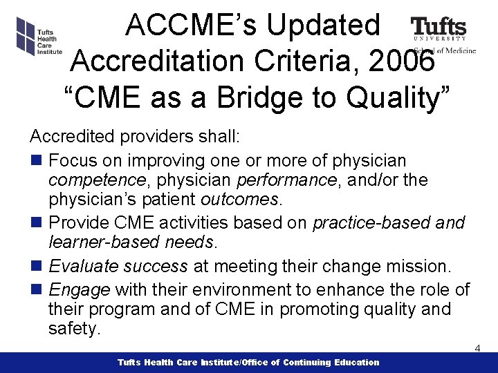ACCME’s Updated Accreditation Criteria, 2006 “CME as a Bridge to Quality” Accredited providers shall: