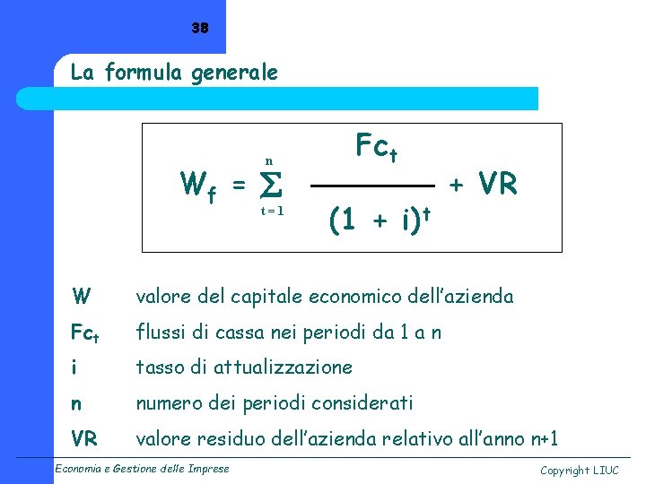 38 La formula generale Fct n Wf = t=1 (1 + i)t + VR