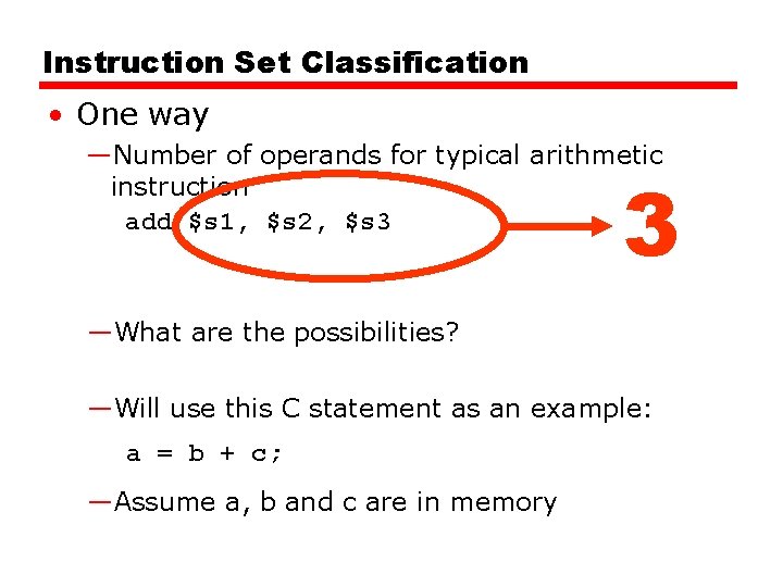 Instruction Set Classification • One way —Number of operands for typical arithmetic instruction add