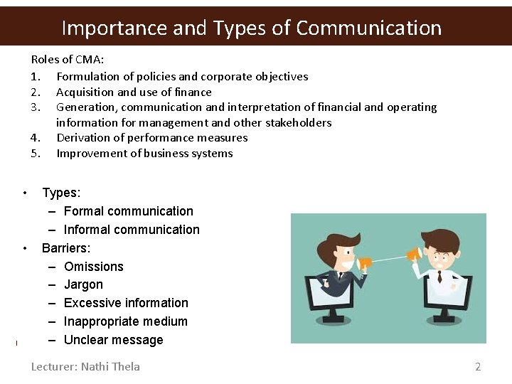 Importance and Types of Communication Roles of CMA: 1. Formulation of policies and corporate