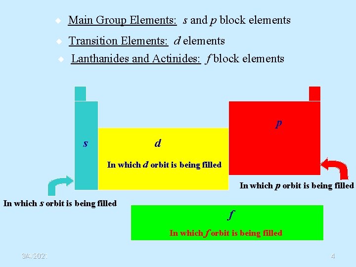 ¨ Main Group Elements: s and p block elements ¨ Transition Elements: d elements