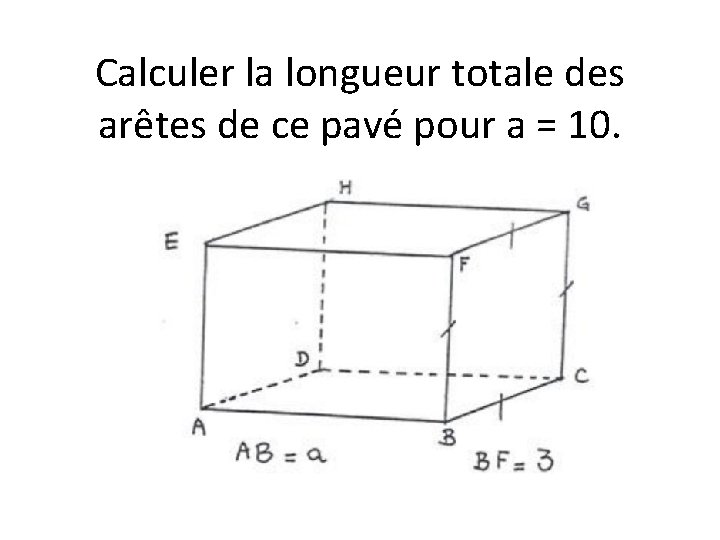 Calculer la longueur totale des arêtes de ce pavé pour a = 10. 