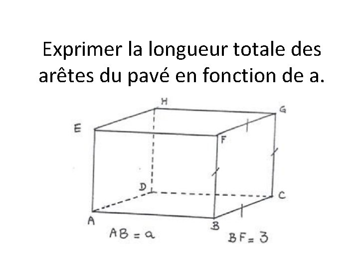 Exprimer la longueur totale des arêtes du pavé en fonction de a. 