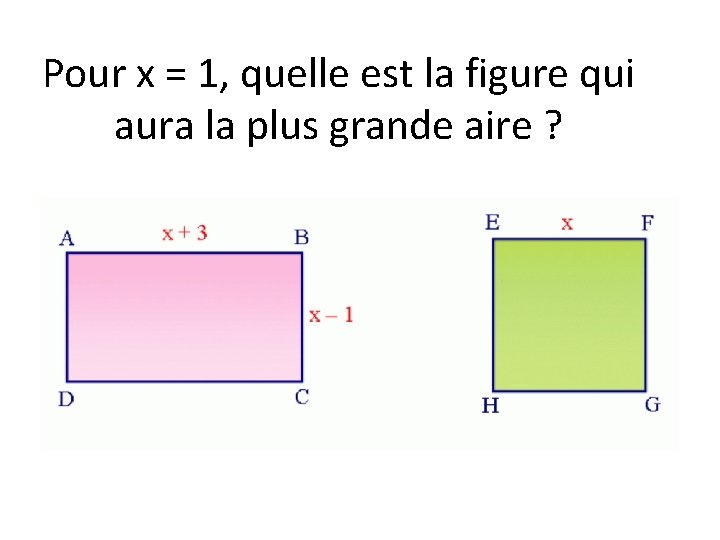 Pour x = 1, quelle est la figure qui aura la plus grande aire