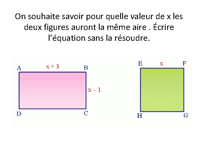 On souhaite savoir pour quelle valeur de x les deux figures auront la même