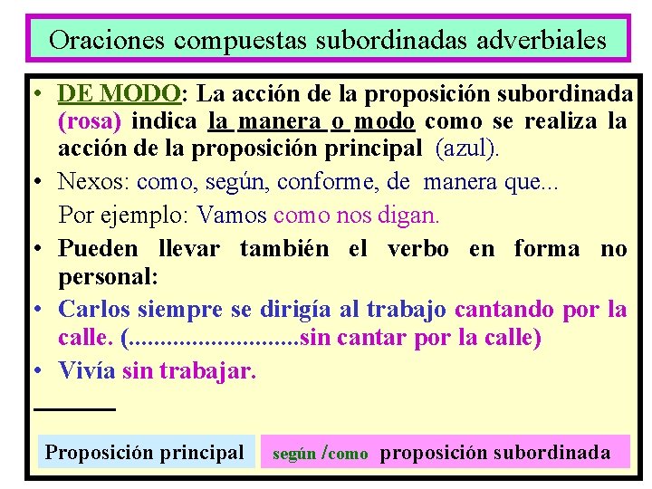 Oraciones compuestas subordinadas adverbiales • DE MODO: La acción de la proposición subordinada (rosa)