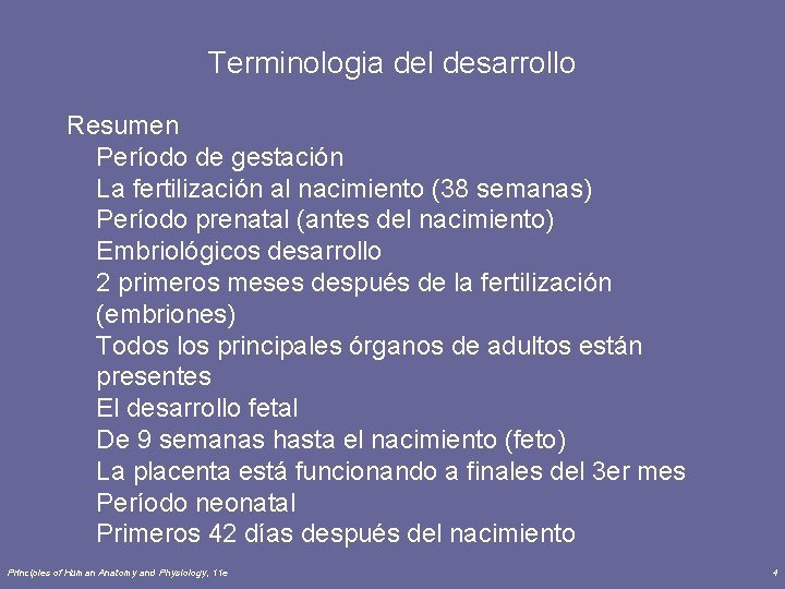 Terminologia del desarrollo Resumen Período de gestación La fertilización al nacimiento (38 semanas) Período