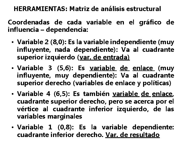 HERRAMIENTAS: Matriz de análisis estructural Coordenadas de cada variable en el gráfico de influencia
