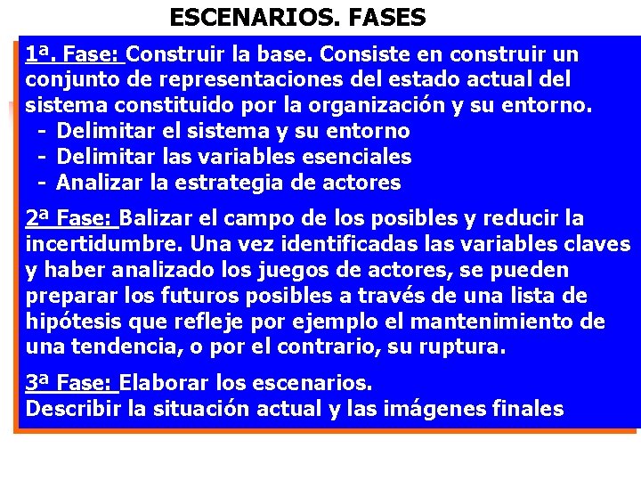 ESCENARIOS. FASES 1ª. Fase: Construir la base. Consiste en construir un conjunto de representaciones