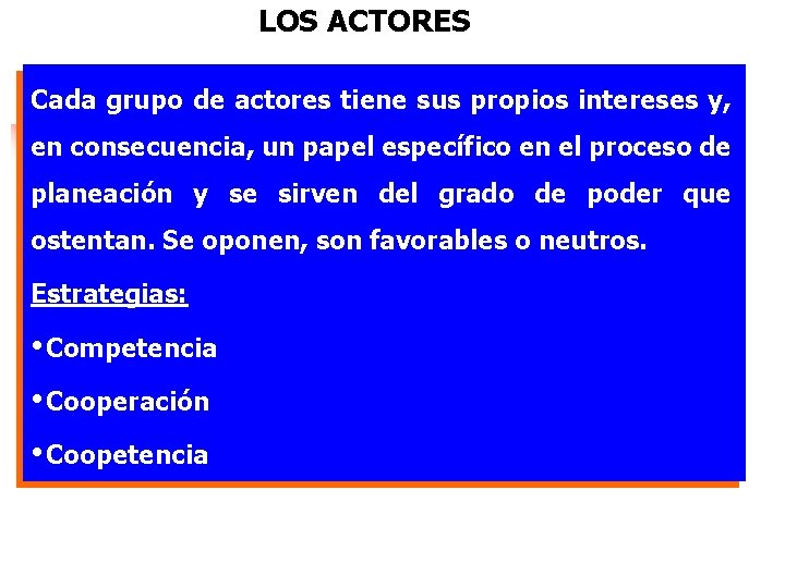 LOS ACTORES Cada grupo de actores tiene sus propios intereses y, en consecuencia, un