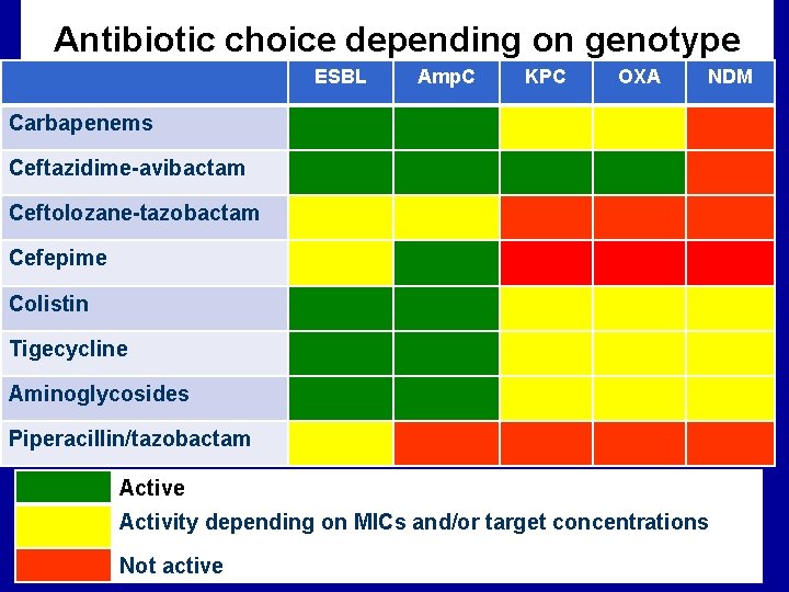 Antibiotic choice depending on genotype ESBL Amp. C KPC OXA NDM Carbapenems Ceftazidime-avibactam Ceftolozane-tazobactam