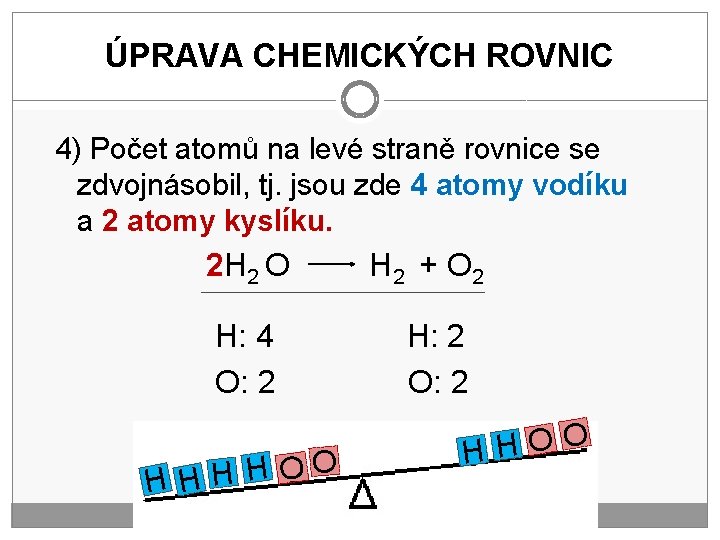 ÚPRAVA CHEMICKÝCH ROVNIC 4) Počet atomů na levé straně rovnice se zdvojnásobil, tj. jsou