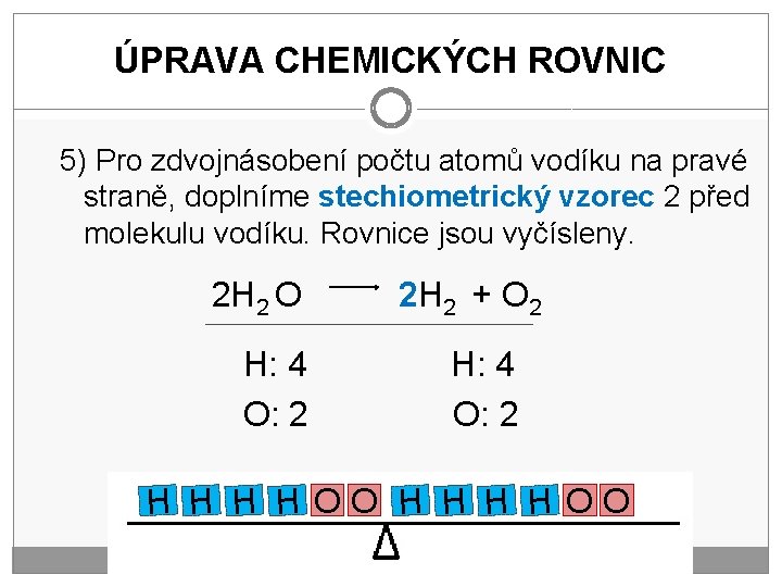 ÚPRAVA CHEMICKÝCH ROVNIC 5) Pro zdvojnásobení počtu atomů vodíku na pravé straně, doplníme stechiometrický