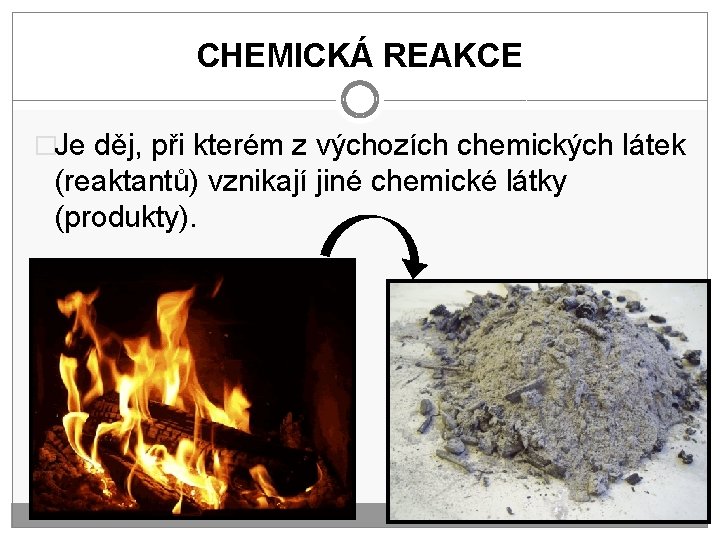 CHEMICKÁ REAKCE �Je děj, při kterém z výchozích chemických látek (reaktantů) vznikají jiné chemické